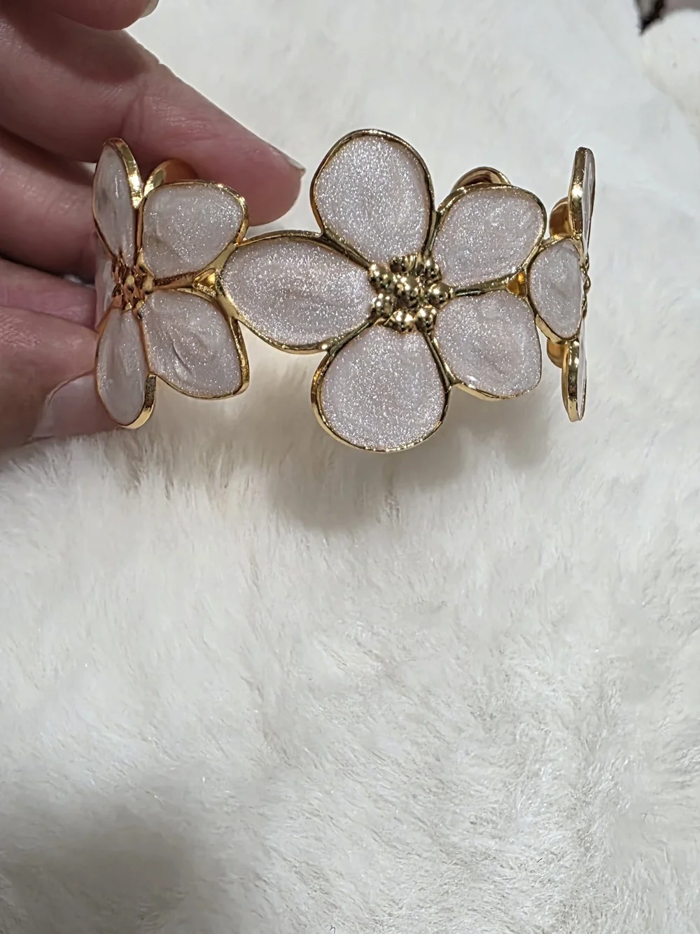 Stainless Steel Gold Floral Cuff Bracelet with Light Gray Enamel Petals
